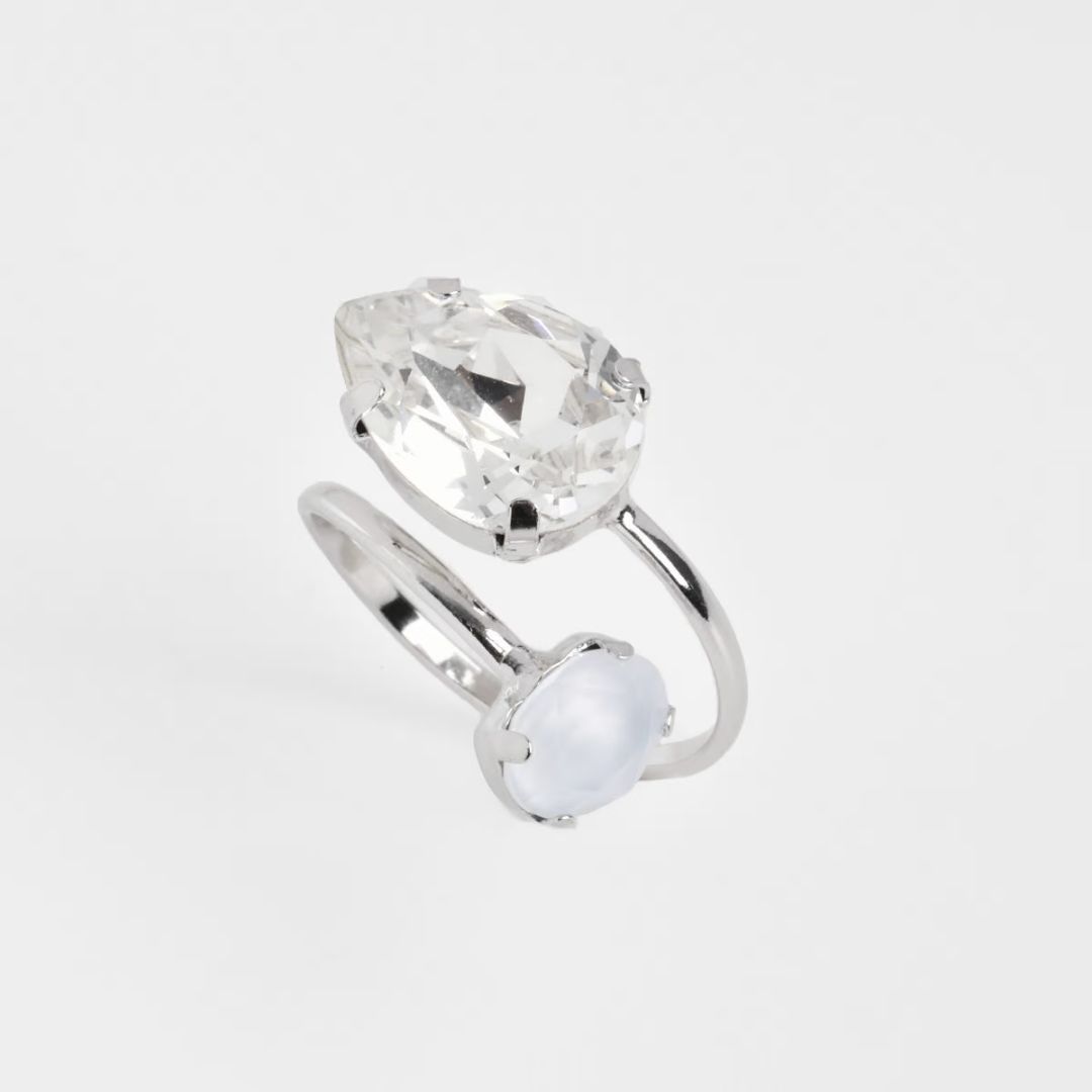 Victoria Cruz sterling silver adjustable ring with crystal in tear shape